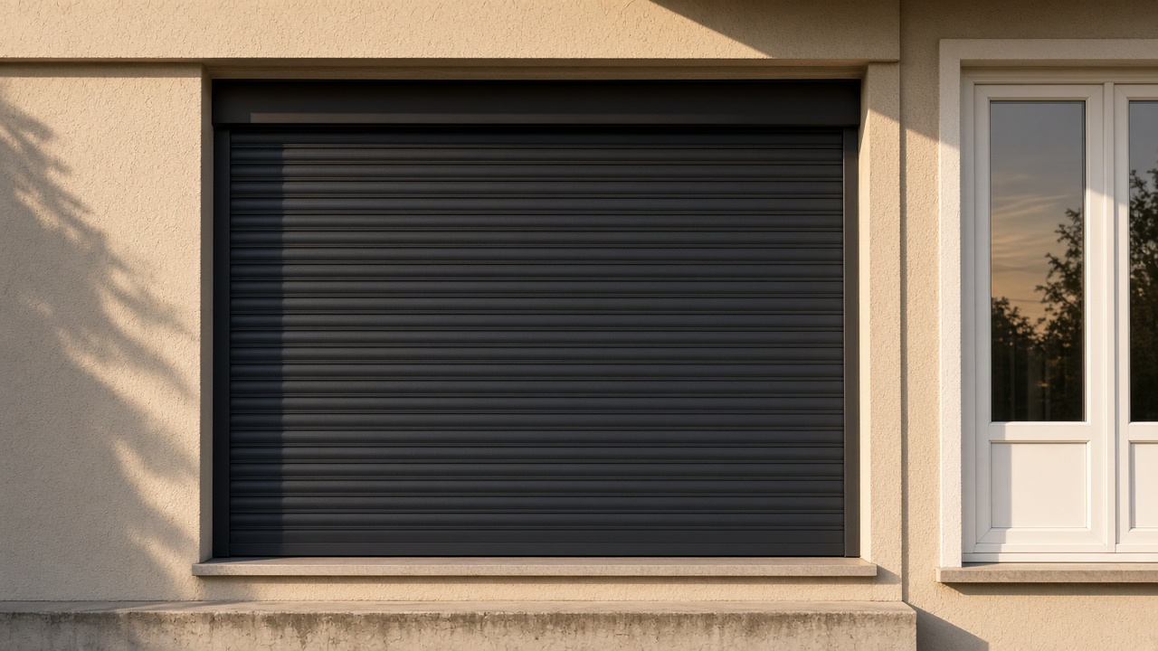 A fully closed anthracite security roller shutter over a ground-floor window on a flat with a glazed balcony door, late afternoon light and long shadows. Framed on one opening.