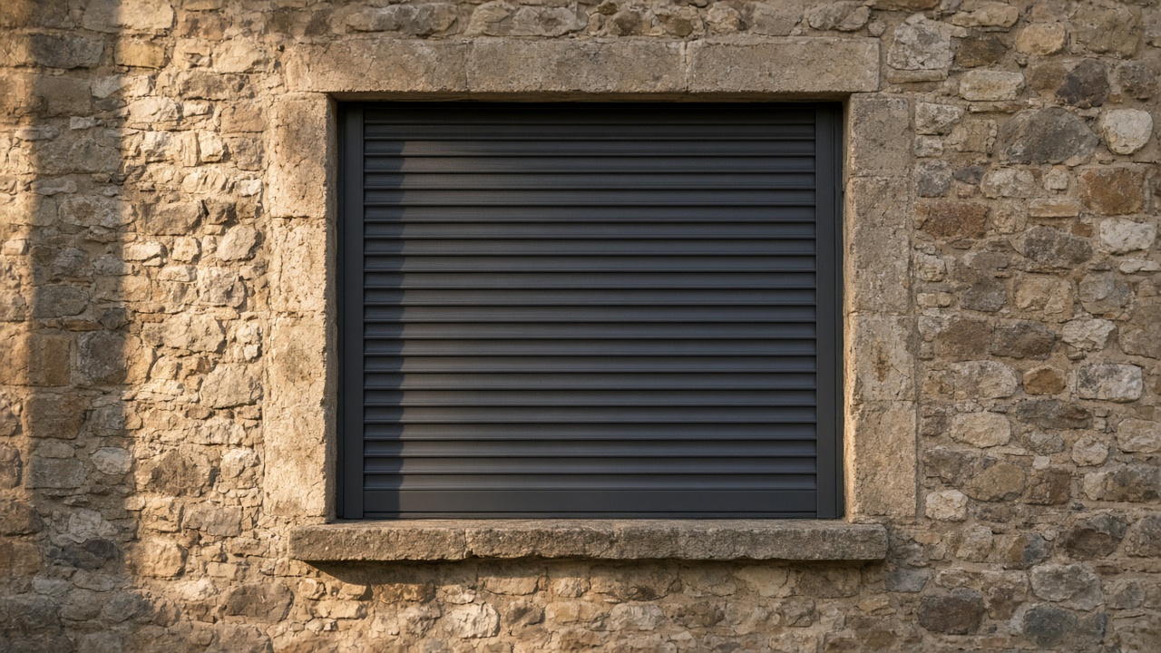 A fully closed anthracite security roller shutter over a ground-floor window on a stone farmhouse, late afternoon light and long shadows. Framed on one opening.
