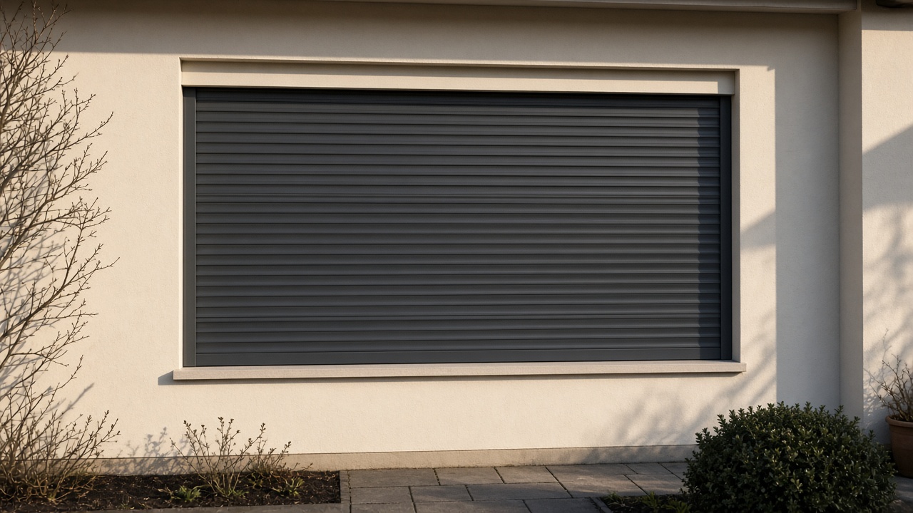 A fully closed anthracite security roller shutter over a ground-floor window on a cream bungalow, late afternoon light and long shadows. Framed on one opening.