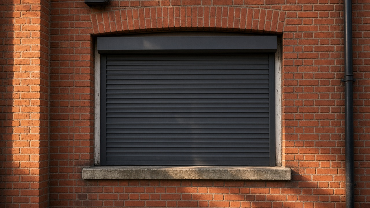 A fully closed anthracite security roller shutter over a ground-floor window on a 1930s red-brick semi, late afternoon light and long shadows. Framed on one opening.