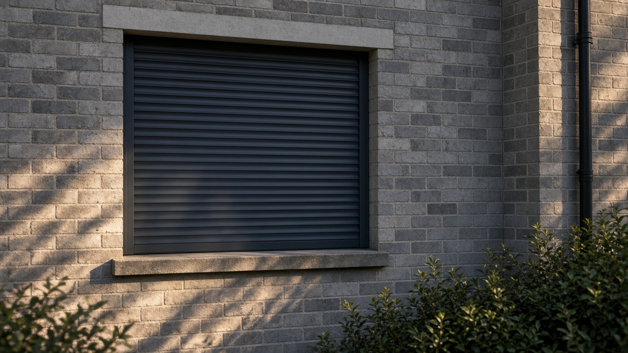 A fully closed anthracite security roller shutter over a ground-floor window on a grey-brick semi, late afternoon light and long shadows. Framed on one opening.