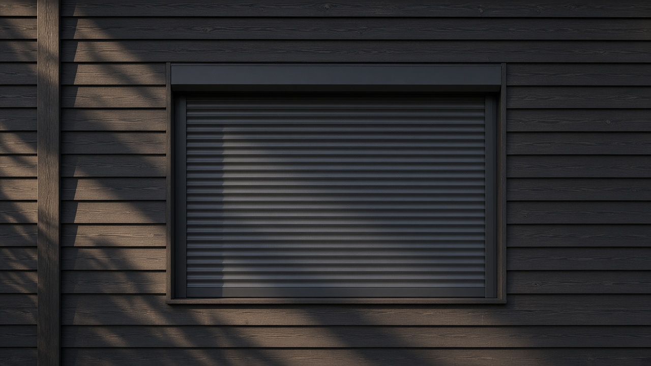 A fully closed anthracite security roller shutter over a ground-floor window on a dark timber-clad house, late afternoon light and long shadows. Framed on one opening.