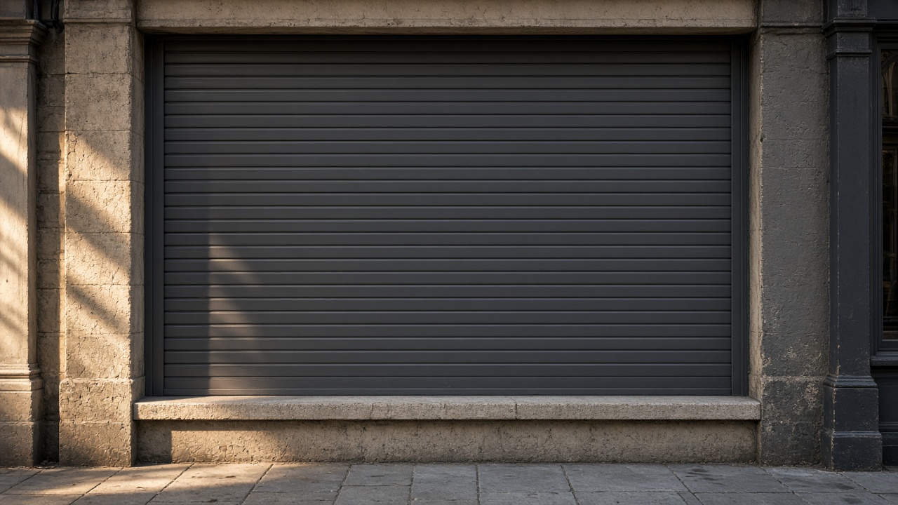 A fully closed anthracite security roller shutter over a ground-floor window on a small high-street shopfront, late afternoon light and long shadows. Framed on one opening.
