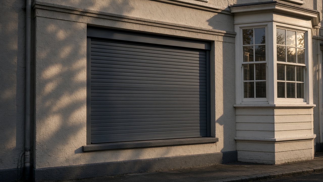 A fully closed anthracite security roller shutter over a ground-floor window on a painted townhouse with a bay, late afternoon light and long shadows. Framed on one opening.