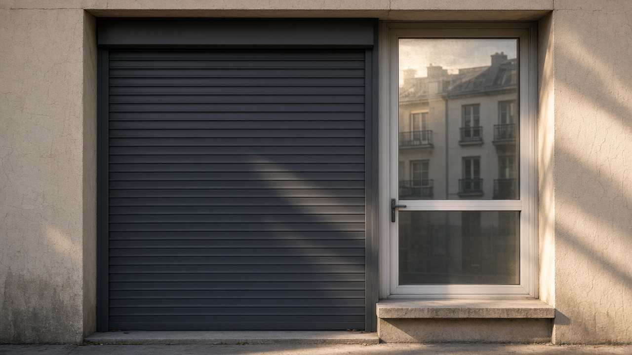 A fully closed anthracite security roller shutter over a ground-floor window on a flat with a glazed balcony door, late afternoon light and long shadows. Framed on one opening.