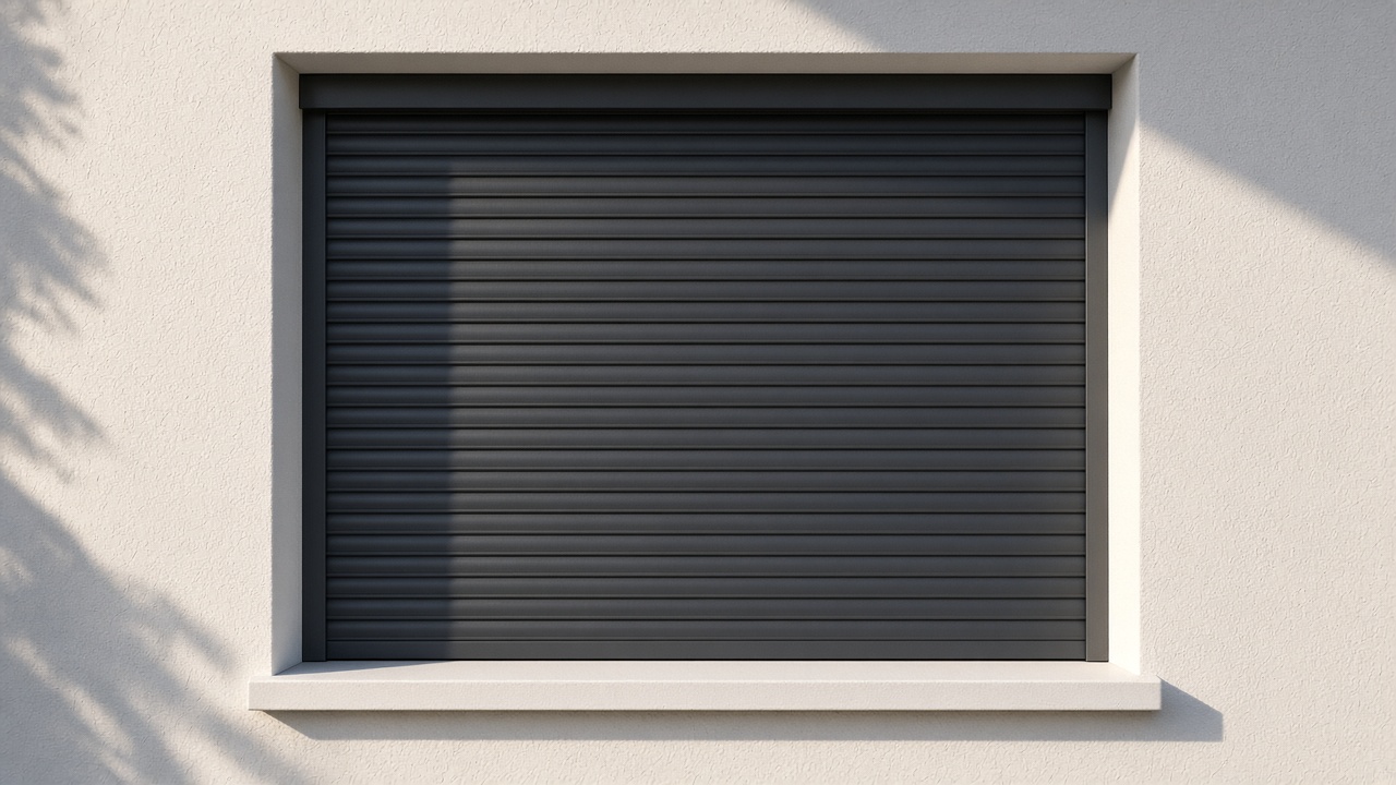 A fully closed anthracite security roller shutter over a ground-floor window on a white rendered new-build, late afternoon light and long shadows. Framed on one opening.