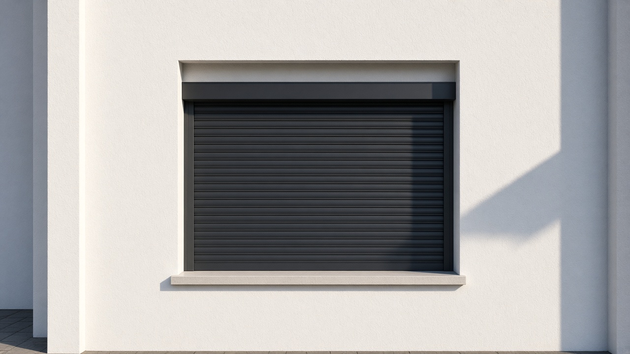 A fully closed anthracite security roller shutter over a ground-floor window on a white rendered new-build, late afternoon light and long shadows. Framed on one opening.