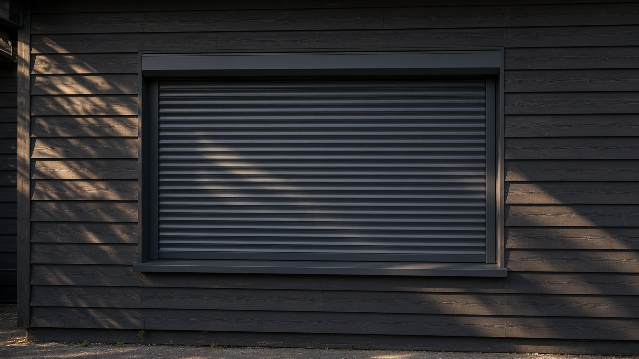 A fully closed anthracite security roller shutter over a ground-floor window on a dark timber-clad house, late afternoon light and long shadows. Framed on one opening.
