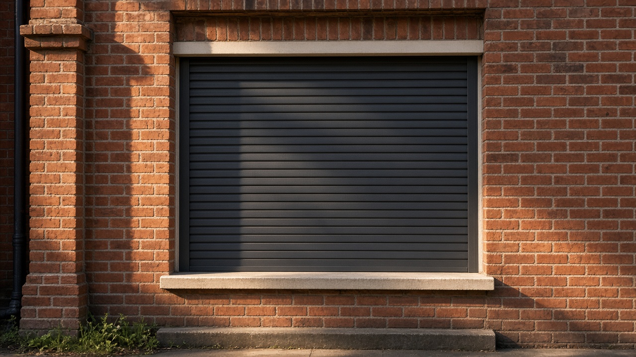 A fully closed anthracite security roller shutter over a ground-floor window on a 1930s red-brick semi, late afternoon light and long shadows. Framed on one opening.