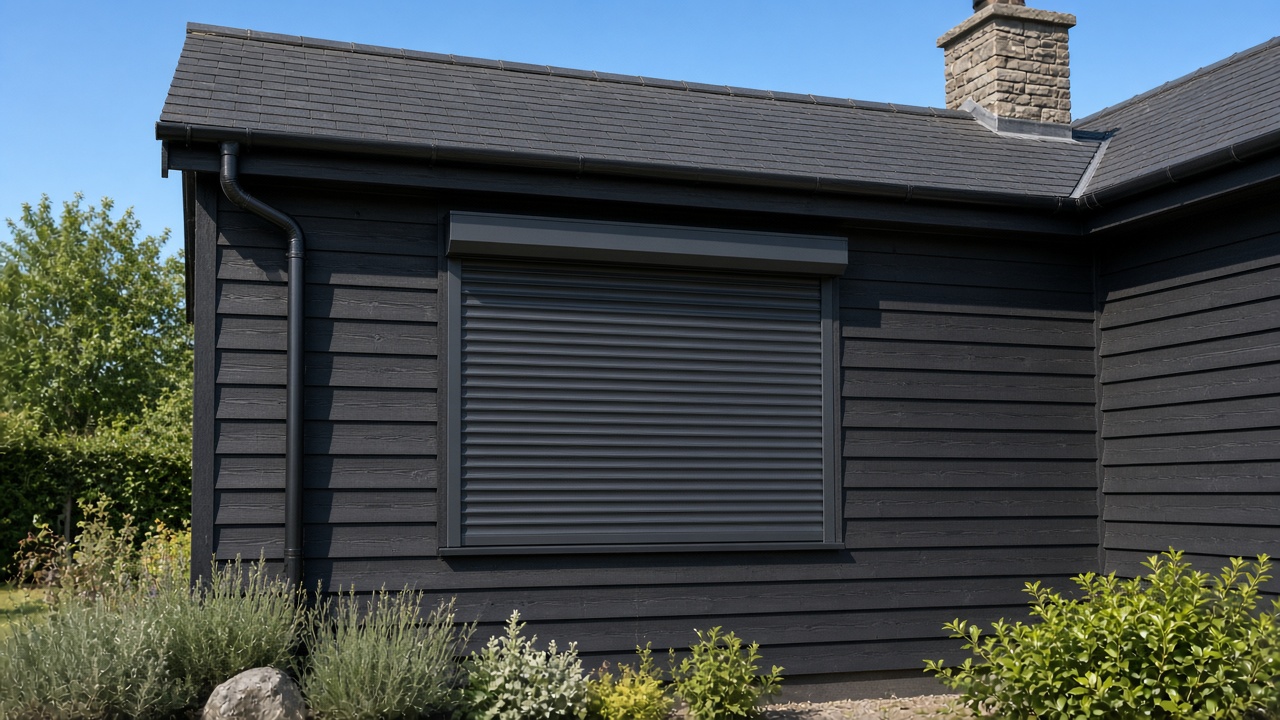 A fully closed anthracite security roller shutter over a ground-floor window on a dark timber-clad house, hard summer sun and a clear sky. Wide view of the whole elevation.