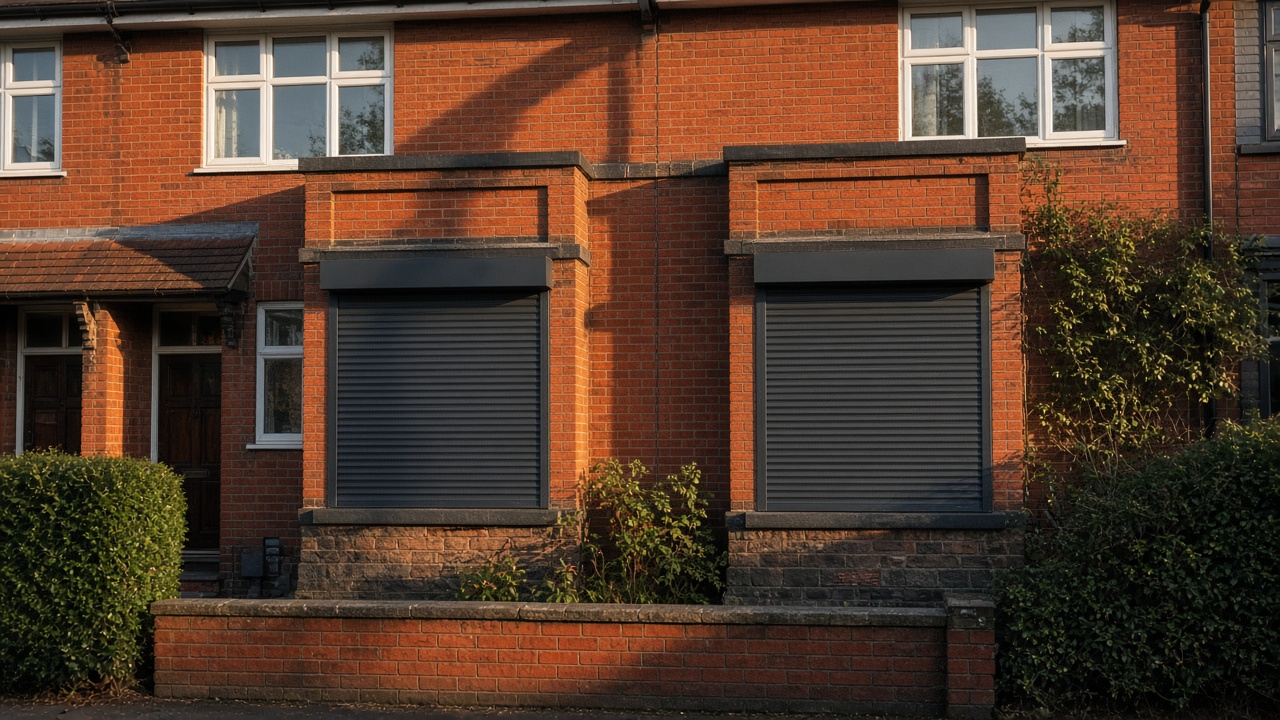A fully closed anthracite security roller shutter over a ground-floor window on a 1930s red-brick semi, late afternoon light and long shadows. Wide view of the whole elevation.