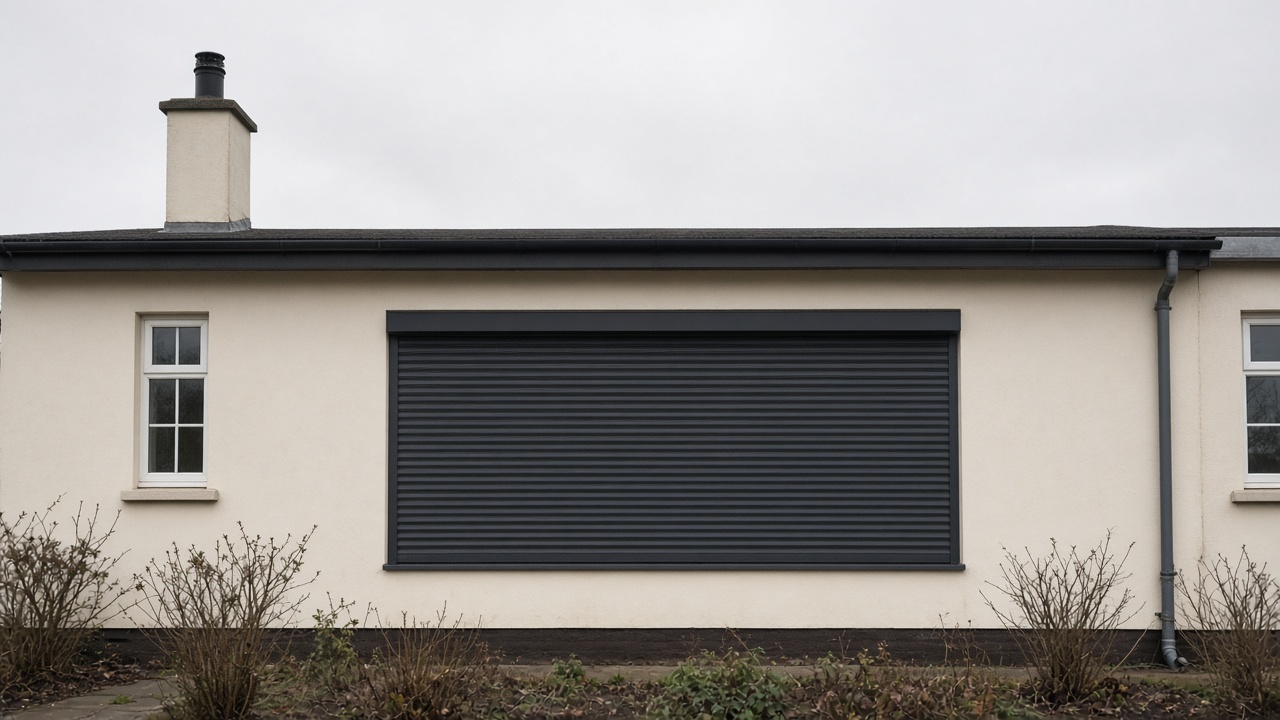 A fully closed anthracite security roller shutter over a ground-floor window on a cream bungalow, a flat winter sky. Wide view of the whole elevation.