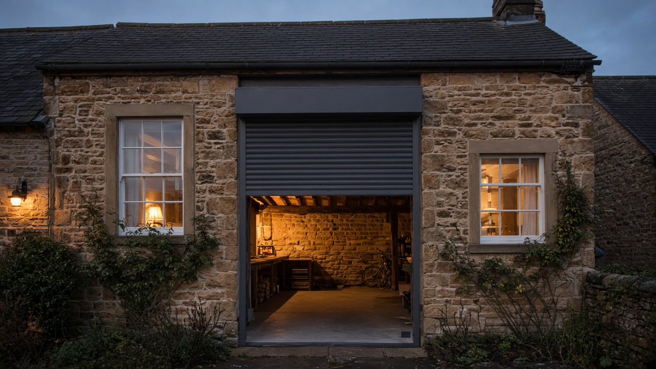 A dark grey roller shutter only a quarter down, with the box and side guides showing on a sandstone cottage, dusk, with warm lights on inside. Wide view of the whole elevation.