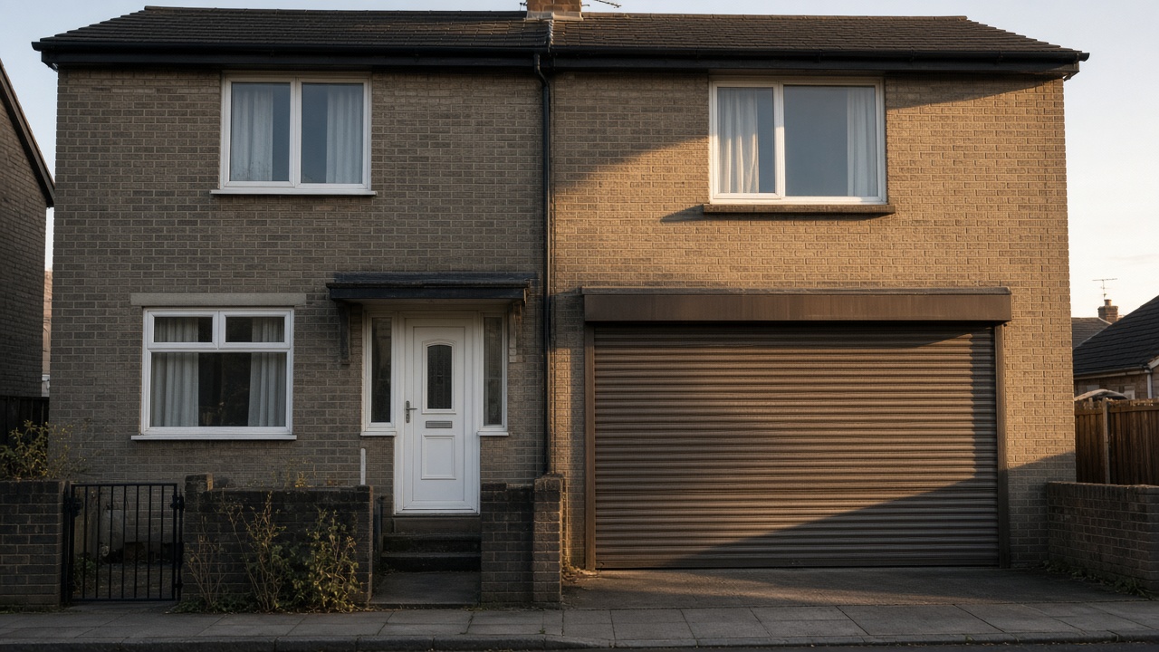 A bronze roller shutter nearly closed on a grey-brick semi, late afternoon light and long shadows. Wide view of the whole elevation.