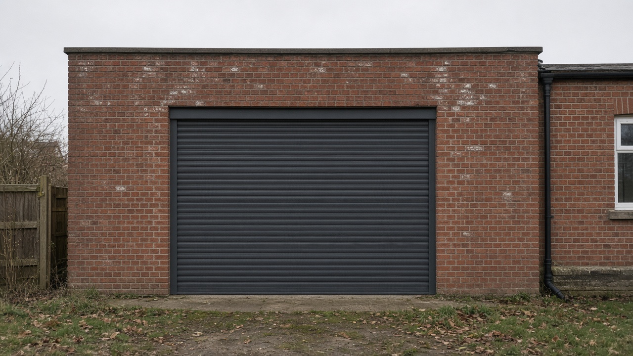 A fully closed anthracite security roller shutter over a ground-floor window on a red-brick rear extension, a flat winter sky. Wide view of the whole elevation.