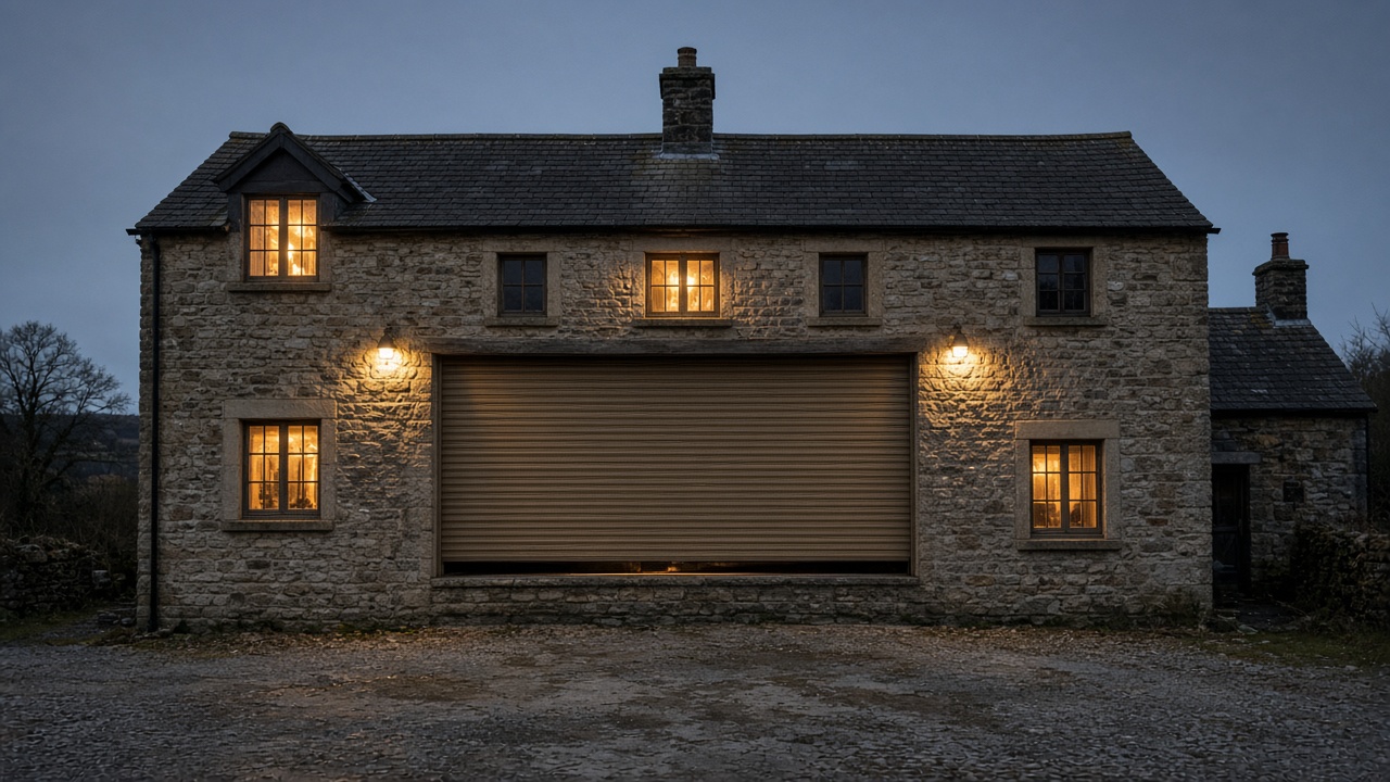 A bronze roller shutter nearly closed on a stone farmhouse, dusk, with warm lights on inside. Wide view of the whole elevation.