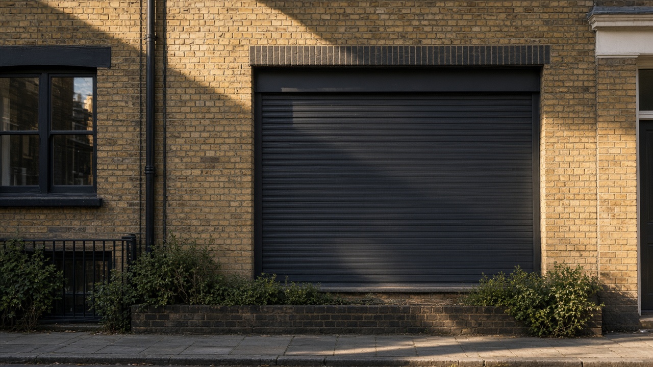 A fully closed anthracite security roller shutter over a ground-floor window on a yellow London stock brick terrace, late afternoon light and long shadows. Wide view of the whole elevation.