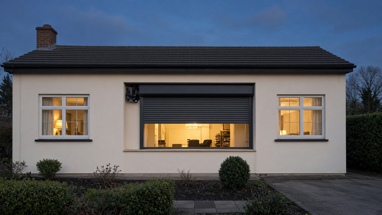 The motor end of a roller shutter box, an anthracite roller shutter stopped halfway, on a cream bungalow, dusk, with warm lights on inside. Wide view of the whole elevation.