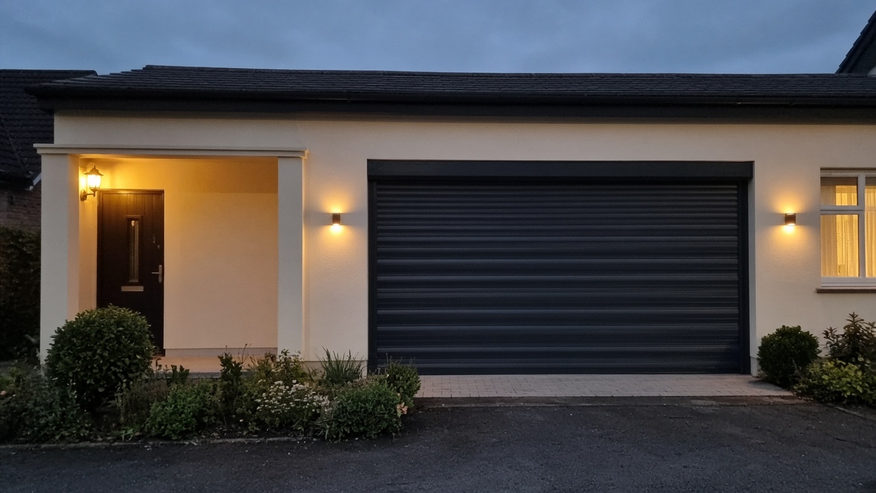 An anthracite roller shutter fully lowered on a cream bungalow, dusk, with warm lights on inside. Wide view of the whole elevation.