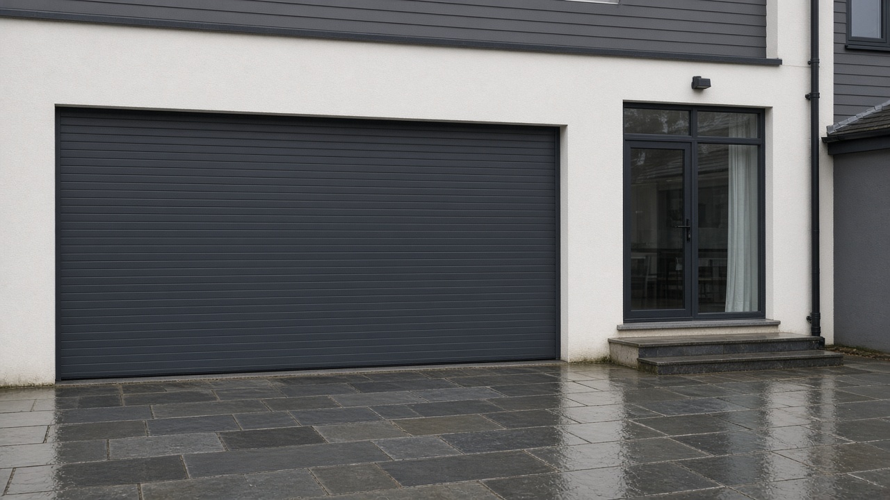 An anthracite roller shutter fully lowered on a flat with a glazed balcony door, just after rain, paving still wet. Wide view of the whole elevation.