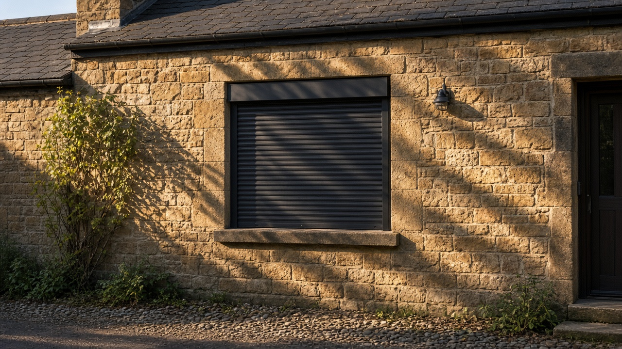 A fully closed anthracite security roller shutter over a ground-floor window on a sandstone cottage, late afternoon light and long shadows. Wide view of the whole elevation.