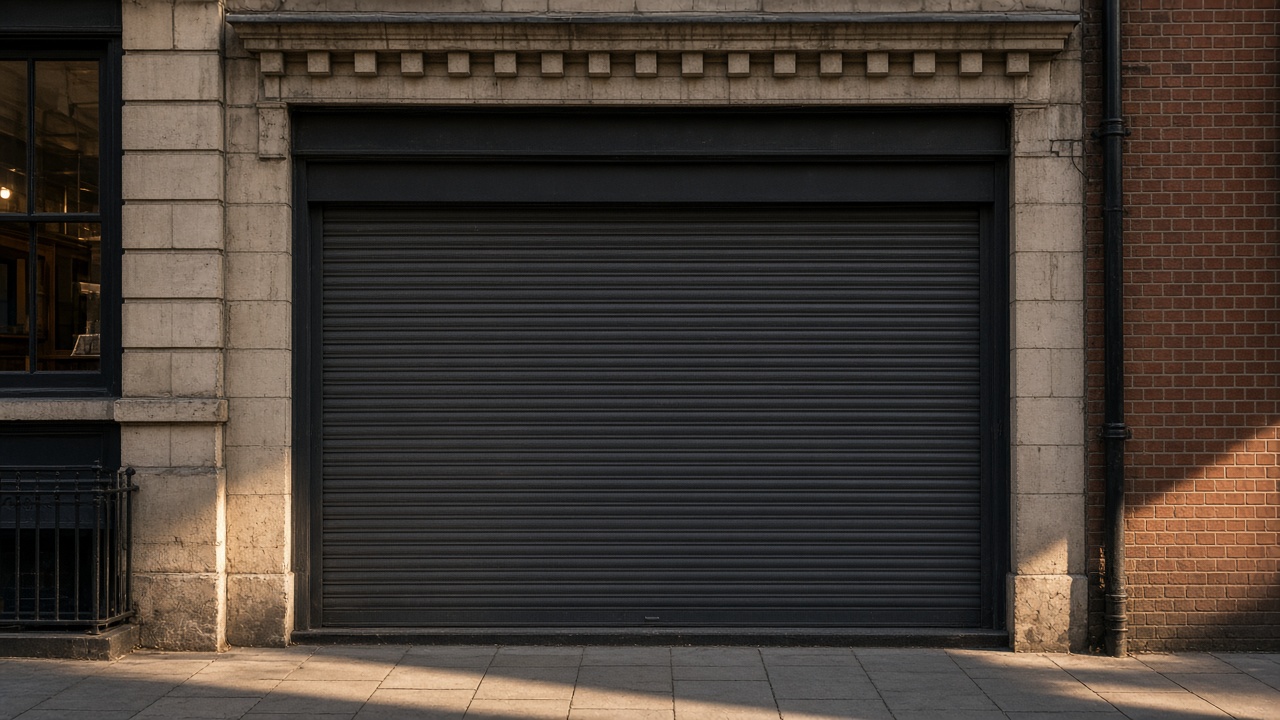 A fully closed anthracite security roller shutter over a ground-floor window on a small high-street shopfront, late afternoon light and long shadows. Wide view of the whole elevation.