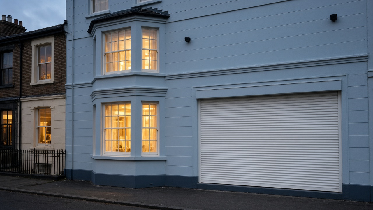 A white roller shutter fully lowered on a painted townhouse with a bay, dusk, with warm lights on inside. Wide view of the whole elevation.