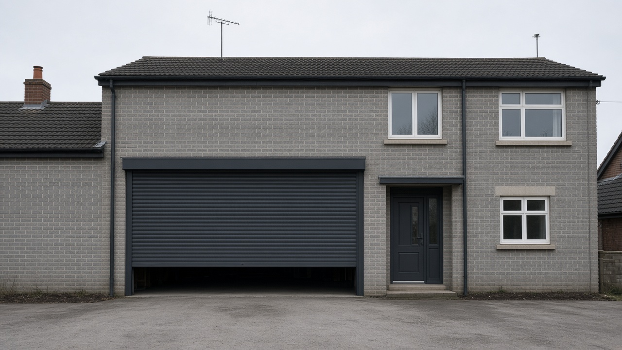 An anthracite roller shutter stopped halfway on a grey-brick semi, a flat winter sky. Wide view of the whole elevation.