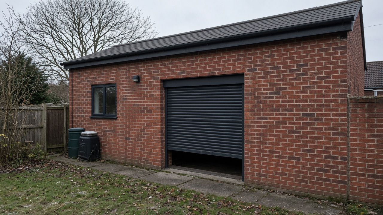 An anthracite roller shutter stopped halfway on a red-brick rear extension, a flat winter sky. Wide view of the whole elevation.