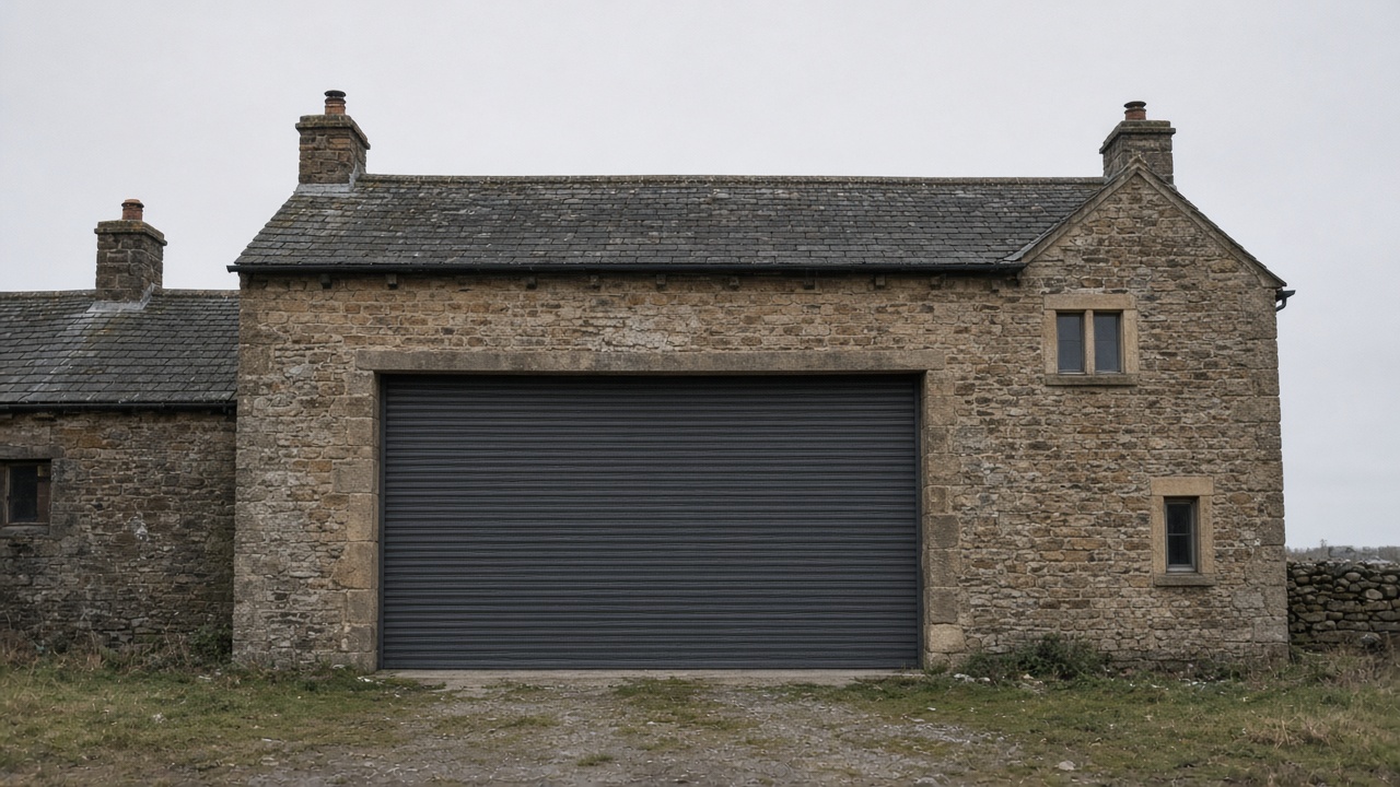 An anthracite roller shutter fully lowered on a stone farmhouse, a flat winter sky. Wide view of the whole elevation.