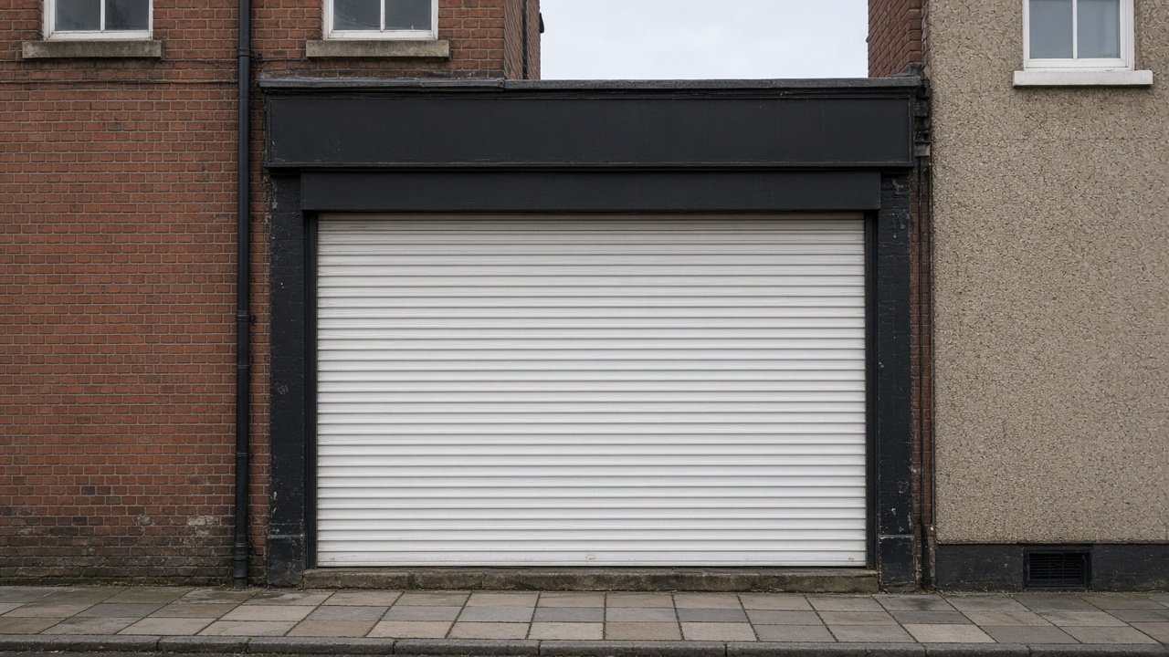 A white roller shutter fully lowered on a small high-street shopfront, a flat winter sky. Wide view of the whole elevation.