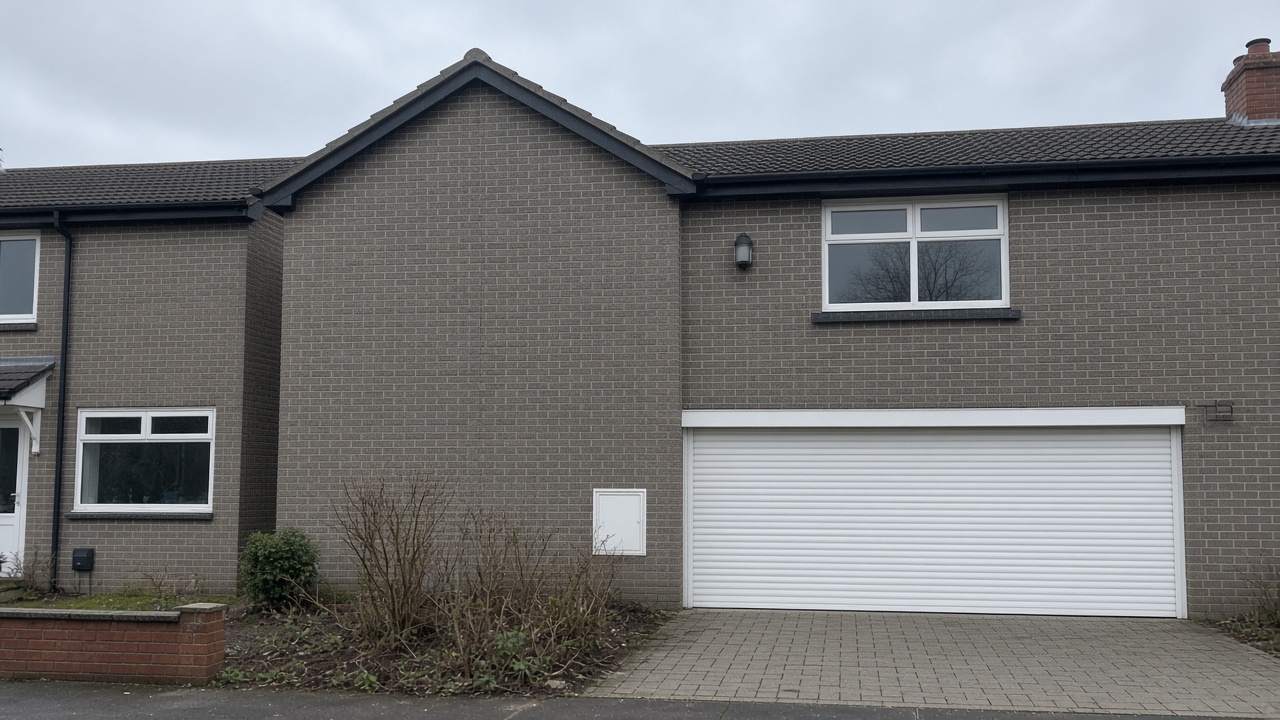 A white roller shutter fully lowered on a grey-brick semi, a flat winter sky. Wide view of the whole elevation.