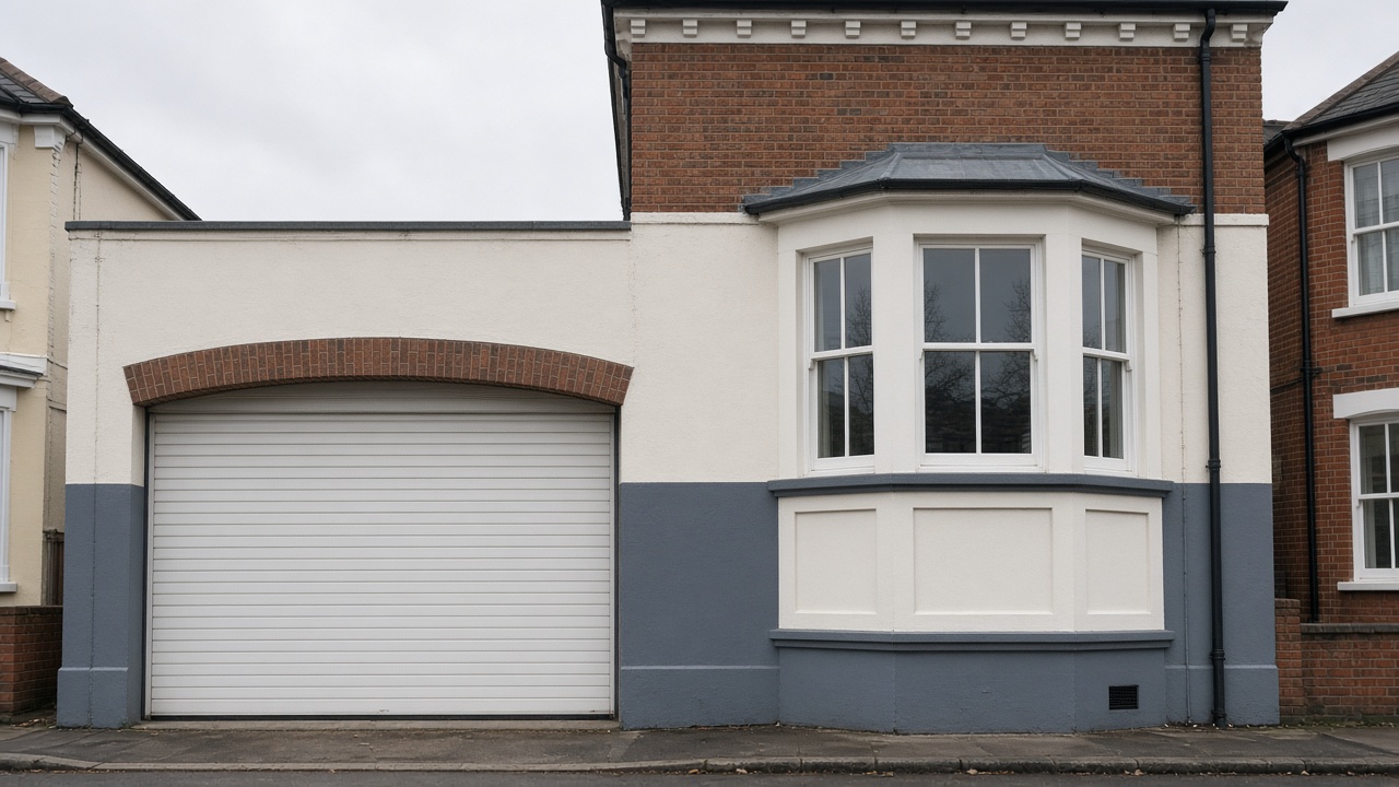 A white roller shutter fully lowered on a painted townhouse with a bay, a flat winter sky. Wide view of the whole elevation.