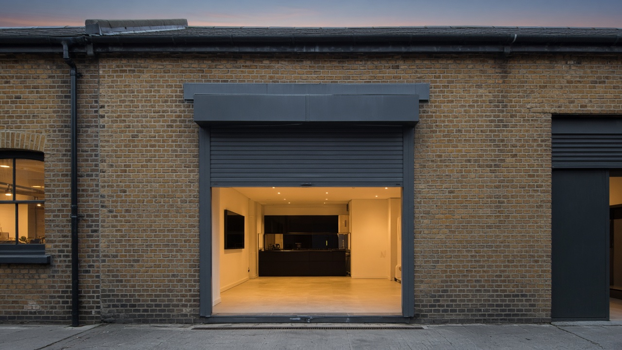 A dark grey roller shutter only a quarter down, with the box and side guides showing on a yellow London stock brick terrace, dusk, with warm lights on inside. Wide view of the whole elevation.