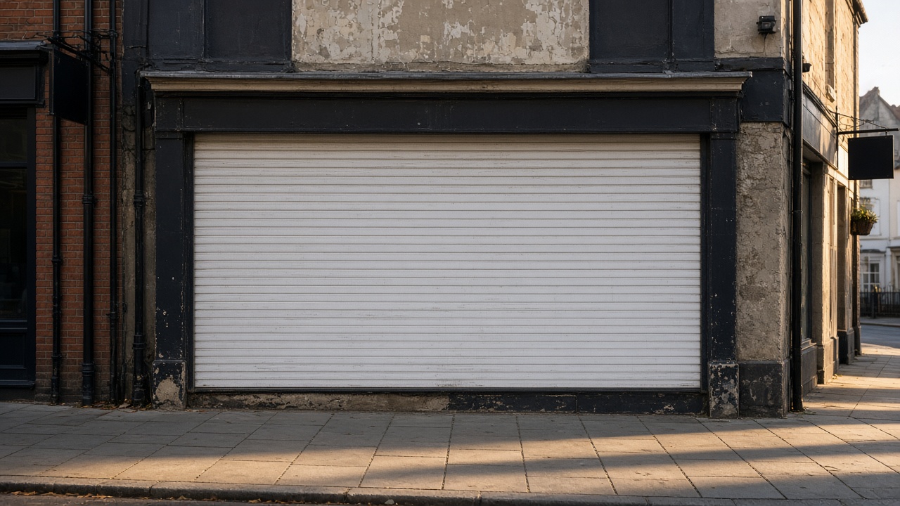 A white roller shutter fully lowered on a small high-street shopfront, late afternoon light and long shadows. Wide view of the whole elevation.