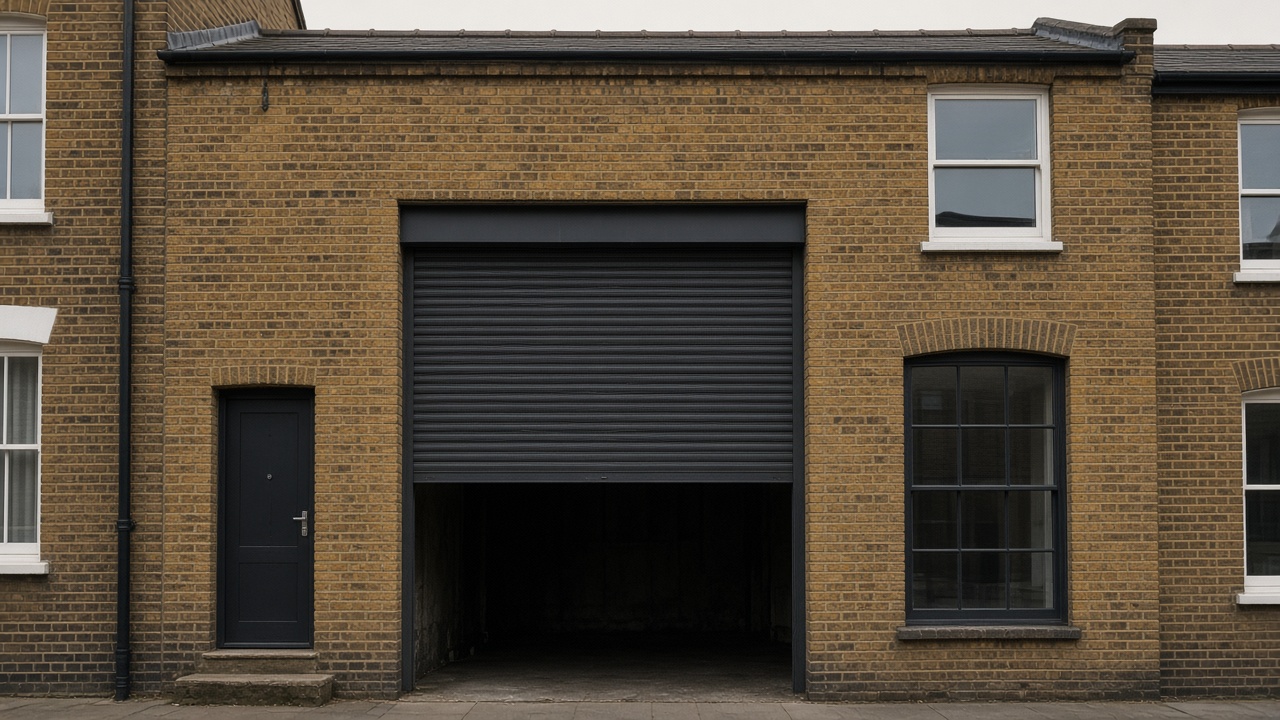 An anthracite roller shutter stopped halfway on a yellow London stock brick terrace, a flat winter sky. Wide view of the whole elevation.