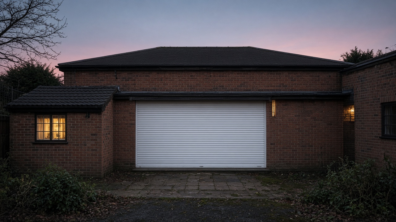 A white roller shutter fully lowered on a red-brick rear extension, dusk, with warm lights on inside. Wide view of the whole elevation.