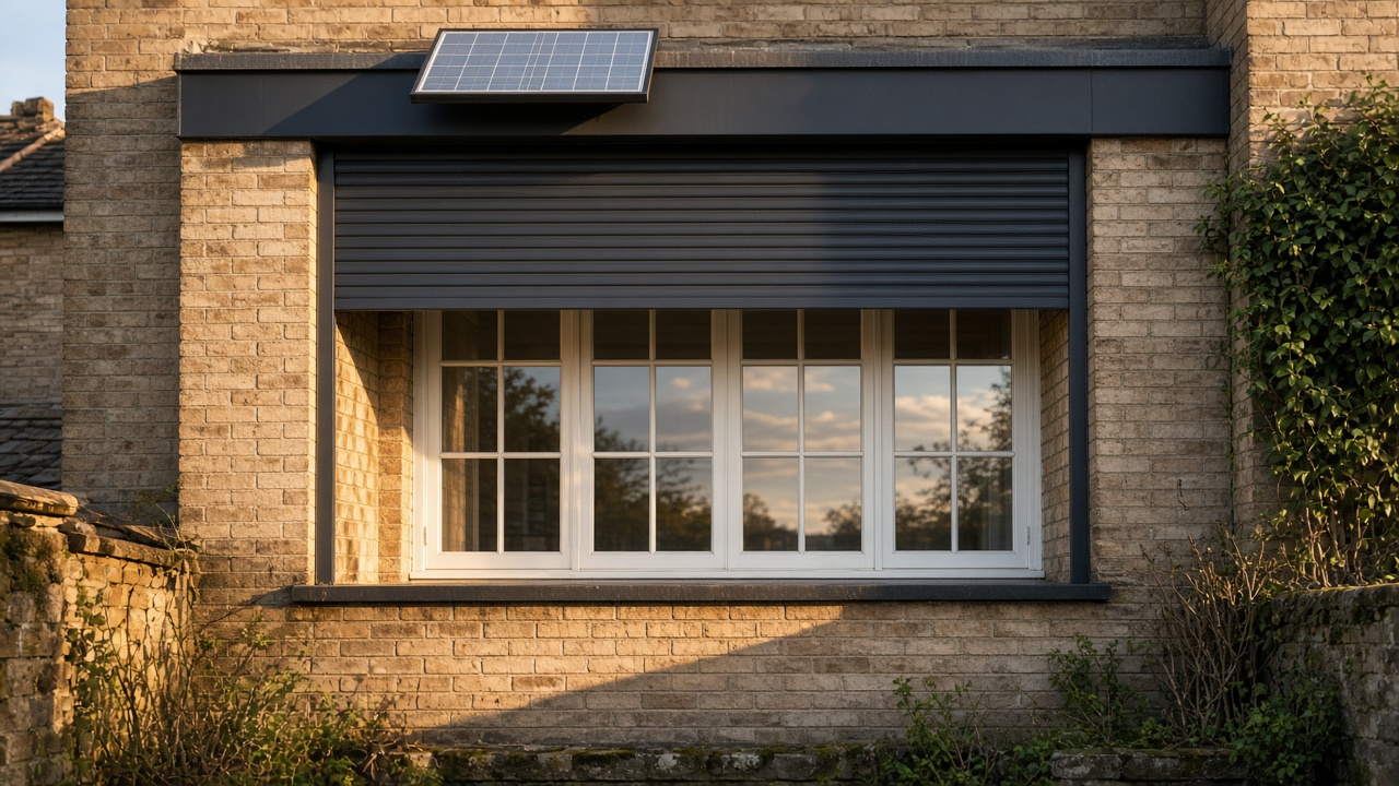 A small solar panel on the front of an anthracite roller shutter box, an anthracite roller shutter stopped halfway, on a flat with a glazed balcony door, late afternoon light and long shadows. Wide view of the whole elevation.