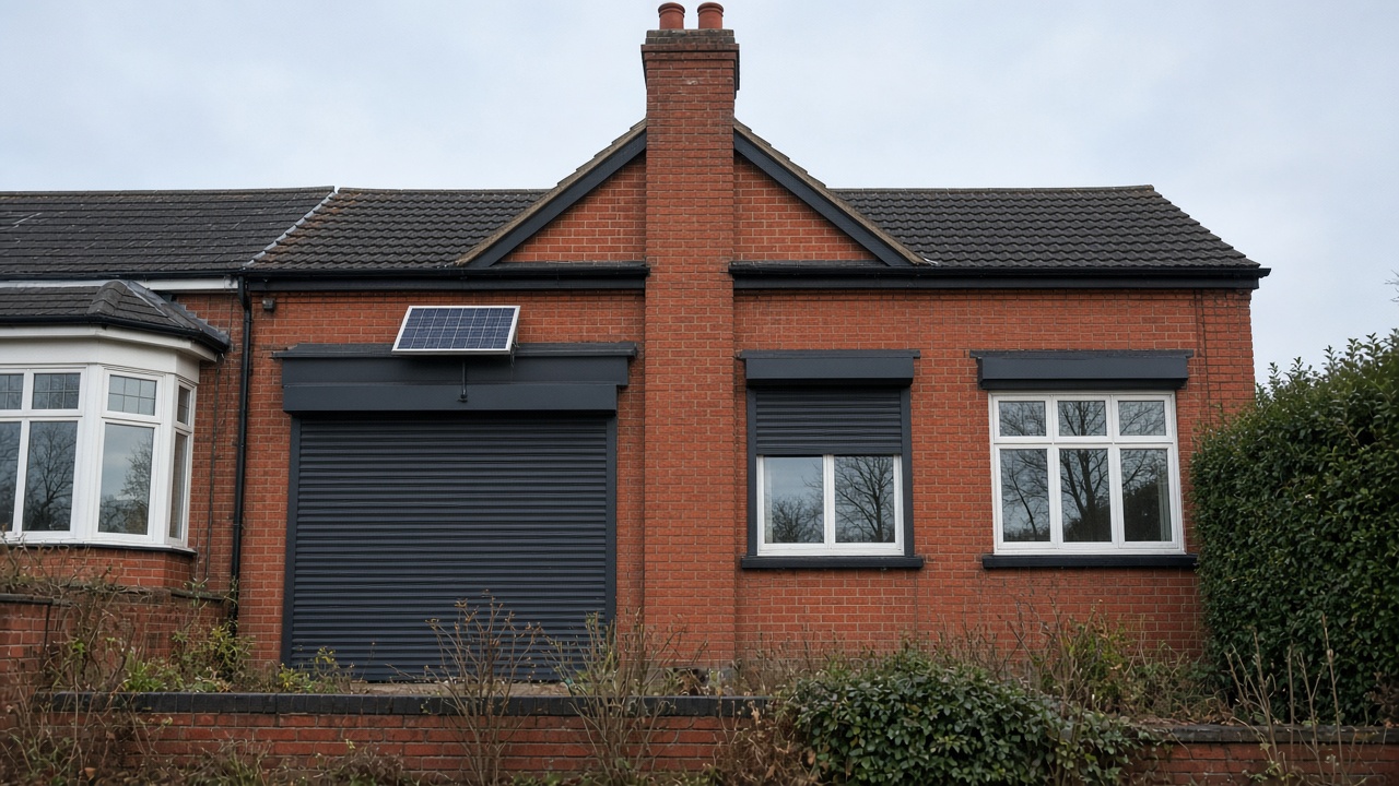 A small solar panel on the front of an anthracite roller shutter box, an anthracite roller shutter fully lowered, on a 1930s red-brick semi, a flat winter sky. Wide view of the whole elevation.