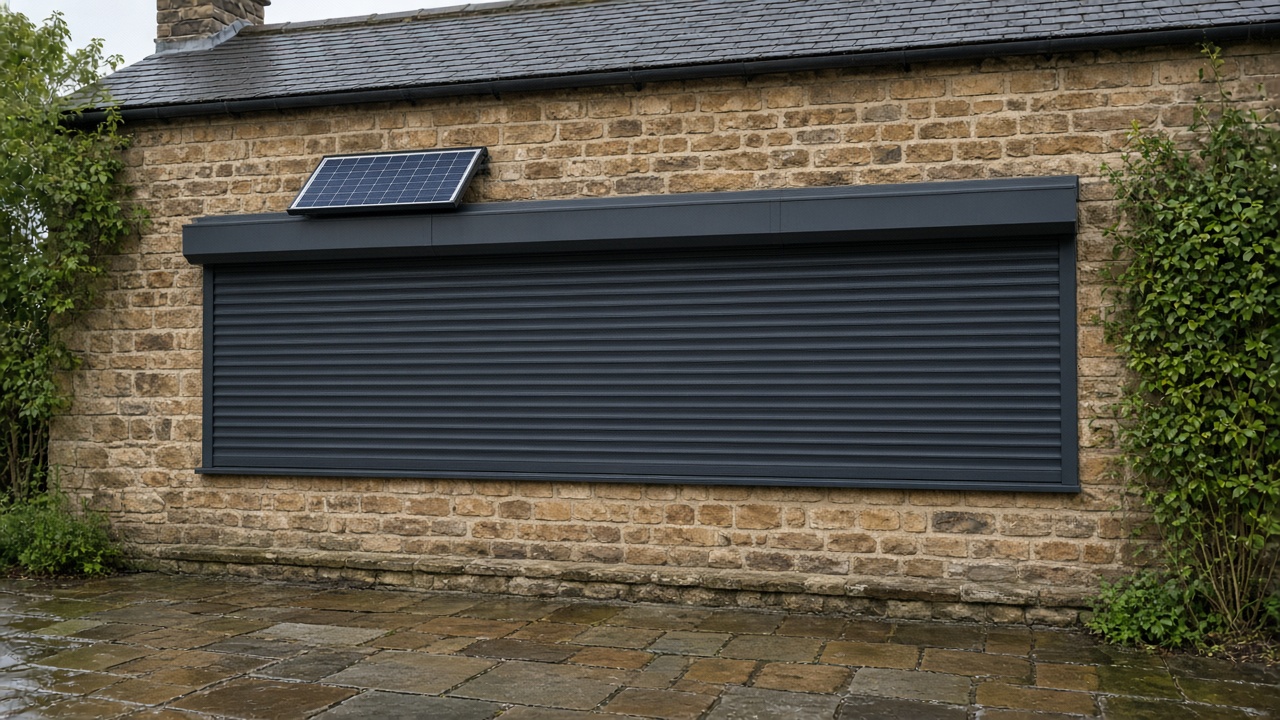 A small solar panel on the front of an anthracite roller shutter box, an anthracite roller shutter fully lowered, on a sandstone cottage, just after rain, paving still wet. Wide view of the whole elevation.
