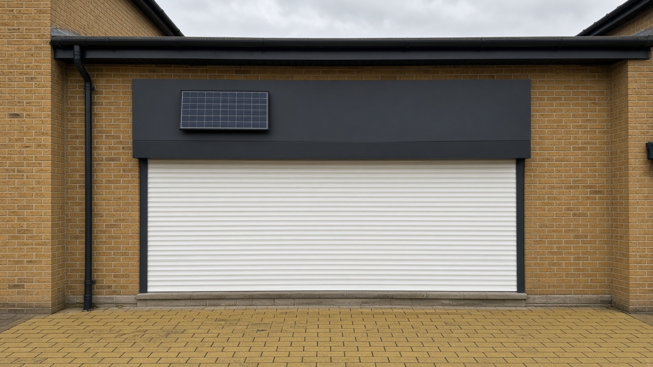 A small solar panel on the front of an anthracite roller shutter box, a white roller shutter fully lowered, on a yellow London stock brick terrace, a flat winter sky. Wide view of the whole elevation.