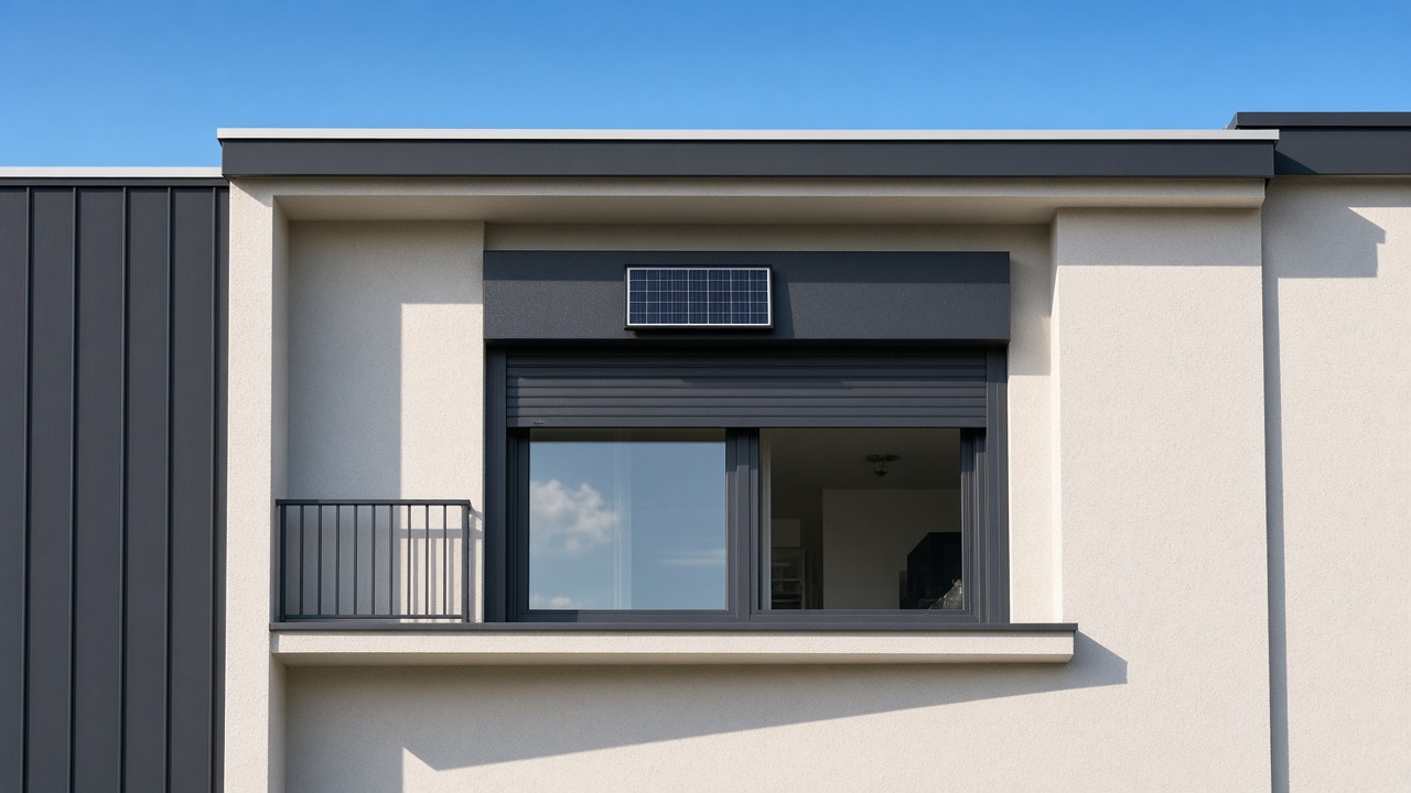 A small solar panel on the front of an anthracite roller shutter box, a dark grey roller shutter only a quarter down, with the box and side guides showing, on a flat with a glazed balcony door, hard summer sun and a clear sky. Wide view of the whole elevation.