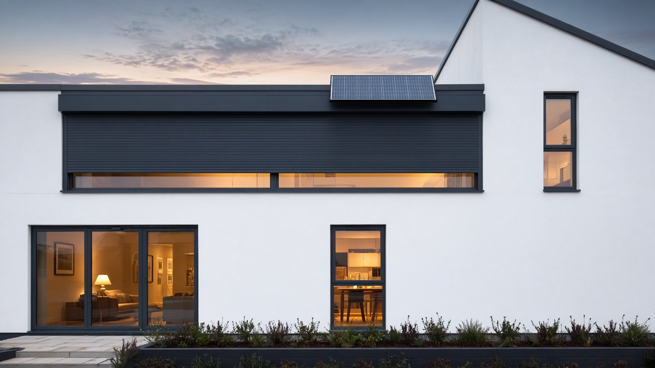 A small solar panel on the front of an anthracite roller shutter box, an anthracite roller shutter stopped halfway, on a white rendered new-build, dusk, with warm lights on inside. Wide view of the whole elevation.