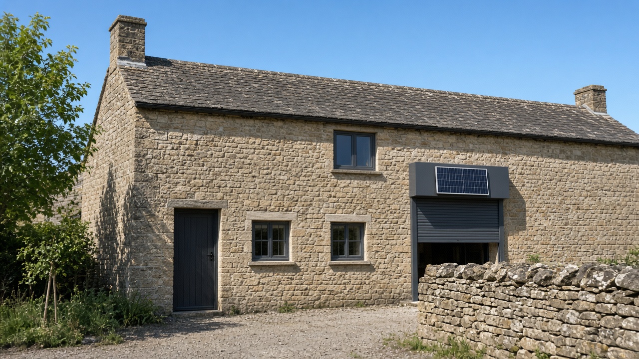 A small solar panel on the front of an anthracite roller shutter box, a dark grey roller shutter only a quarter down, with the box and side guides showing, on a stone farmhouse, hard summer sun and a clear sky. Wide view of the whole elevation.