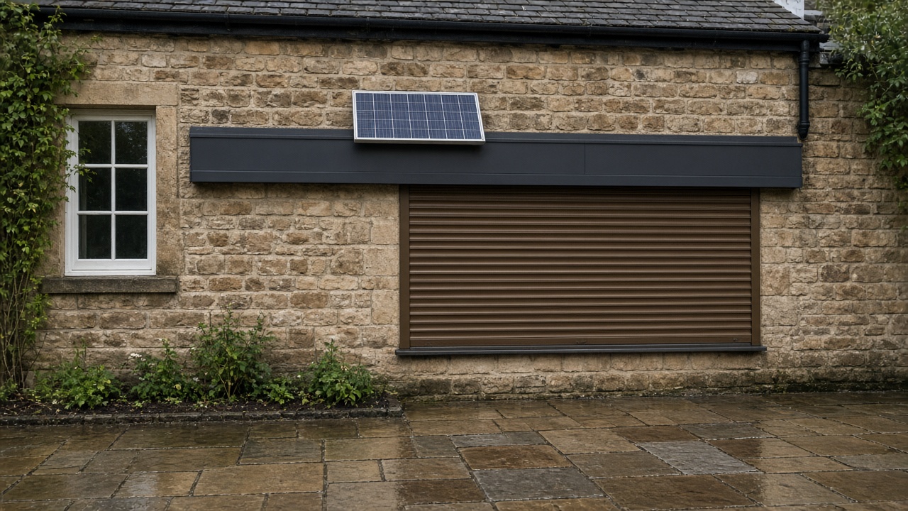 A small solar panel on the front of an anthracite roller shutter box, a bronze roller shutter nearly closed, on a sandstone cottage, just after rain, paving still wet. Wide view of the whole elevation.