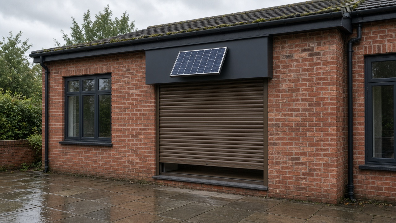 A small solar panel on the front of an anthracite roller shutter box, a bronze roller shutter nearly closed, on a red-brick rear extension, just after rain, paving still wet. Wide view of the whole elevation.