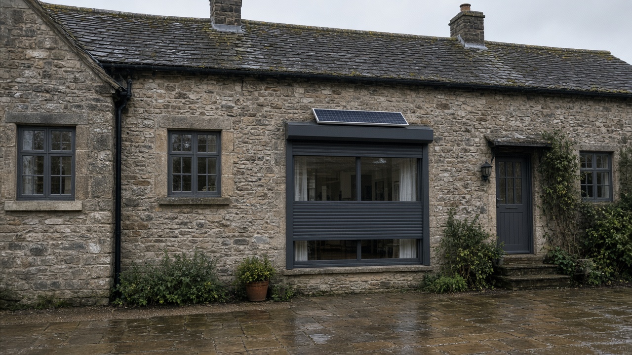 A small solar panel on the front of an anthracite roller shutter box, a dark grey roller shutter only a quarter down, with the box and side guides showing, on a stone farmhouse, just after rain, paving still wet. Wide view of the whole elevation.