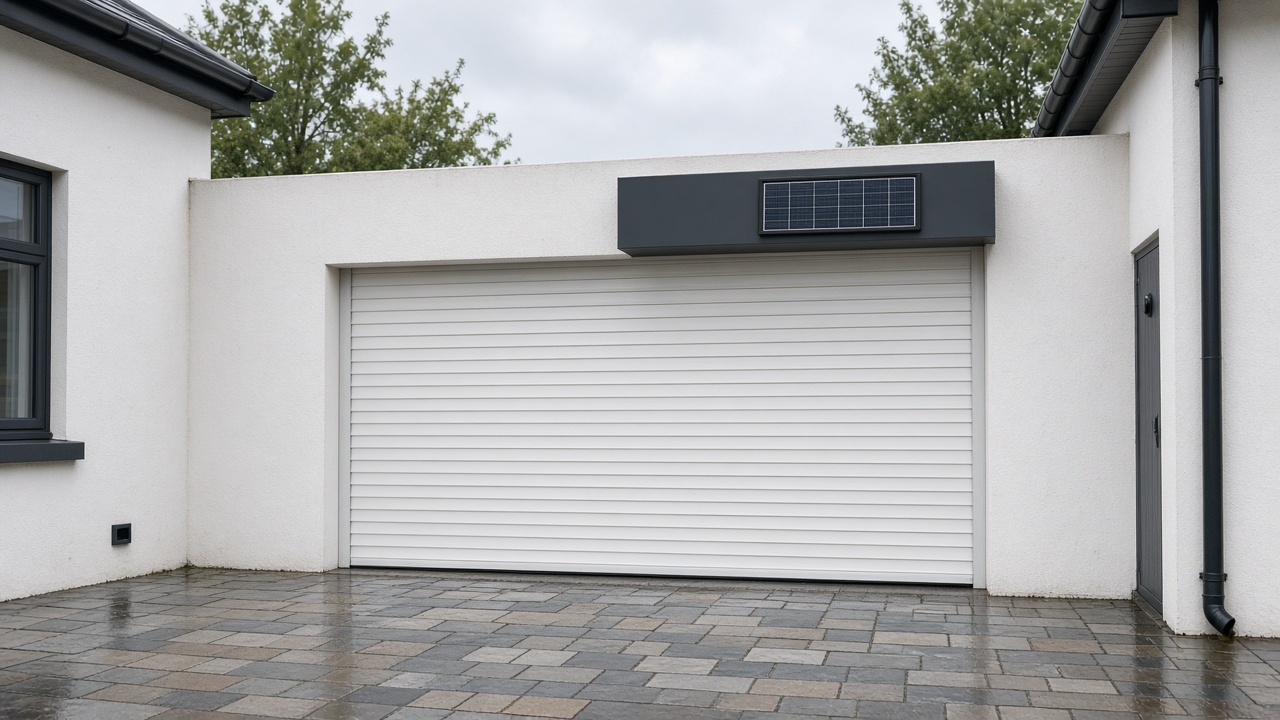 A small solar panel on the front of an anthracite roller shutter box, a white roller shutter fully lowered, on a white rendered new-build, just after rain, paving still wet. Wide view of the whole elevation.