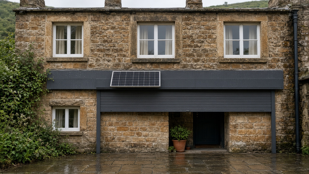 A small solar panel on the front of an anthracite roller shutter box, a dark grey roller shutter only a quarter down, with the box and side guides showing, on a sandstone cottage, just after rain, paving still wet. Wide view of the whole elevation.