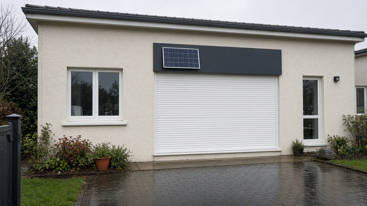 A small solar panel on the front of an anthracite roller shutter box, a white roller shutter fully lowered, on a cream bungalow, just after rain, paving still wet. Wide view of the whole elevation.